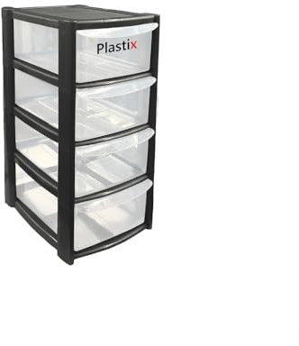 Plastix MINI SMALL Plastic Drawer Storage Tower Unit Office Home Desktop Stationery Make Up Organiser Tidy (Black, 4 Drawer Mini Tower)