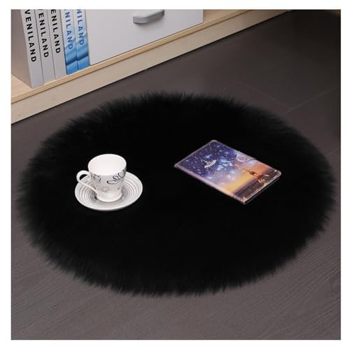 Hrlace Lammfell Schaffell Teppich Rund Kunstfell Teppich Waschbar Weich Fellteppich Flauschiger Longhair Stuhlauflage Nachahmung Wolle Bettvorleger Sofa Matte für Heimdekoration Schwarz 50 * 50cm