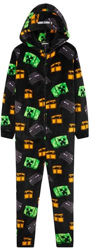 Minecraft Fleece Jumpsuit Kinder Jungen Schlafoverall mit Kapuze, Gamer Geschenke für Kinder Teenager (Schwarz/Mehrfarbig, 13-14 Jahre)