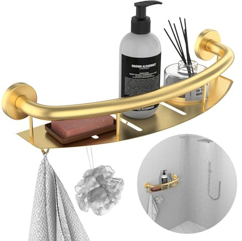 Gold 18-inch Safety Grab Bar with Storage Shelf for Bathtub or Shower, Drainage Holes, Stainless Steel, Wall Mounted Grab Bars for Elderly Injured Balance Support