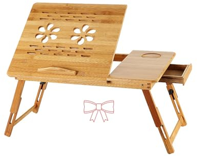 HUOLE Table D'Ordinateur en Bambou,Table de lit Pliable, Pieds réglables en Hauteur Pliable inclinable avec tiroir et Trous de Ventilation Peu encombrante Table de lit-66 * 35 * 30 cm-Couleur Bois