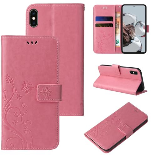 LBH Funda para Apple iPhone XS, diseño de mariposas, flores, función atril, magnética, protección completa, 360 grados, oro rosa