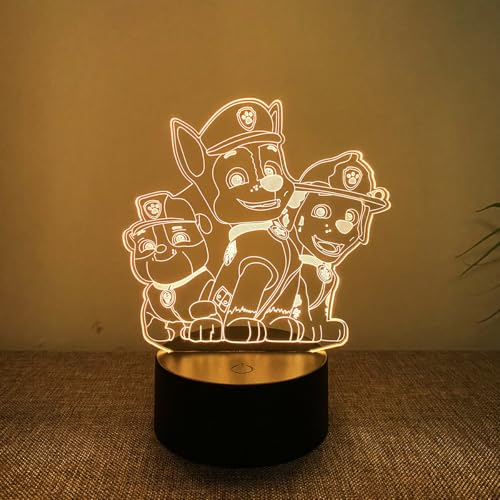 Deluisho Paw Dog Nachtlicht für Kinder, 3D LED Nachttischlampe, Dog Patrol Lampe, Fernbedienung 16 Farben Farbwechsel Dimmbar Mit Touch-Schalter, Dimmbares Visuelles 3D-Nachtlicht