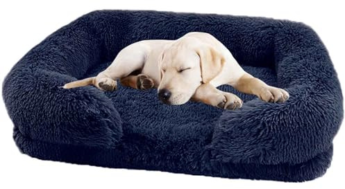 PJDDP Dog Bed with Luxury Fluffy Plush, Waterproof Dog Bed with Non Slip Bottom, Orthopedic Memory Foam Pet Bed, Washable Indestructible Dog Sofa for Small, Medium And Large Pets,Royal blue,XXL