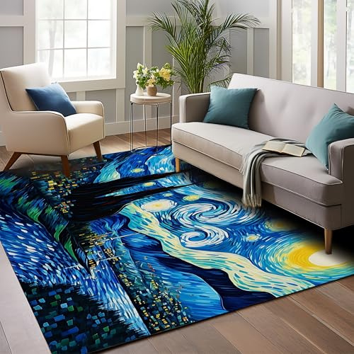 Van Gogh Teppich mit Sternennacht, waschbarer Teppich, für Wohnzimmer, niedriger Flor, maschinenwaschbar, rutschfeste Unterseite, für Schlafzimmer, Küche, Waschküche, Zuhause, Büro