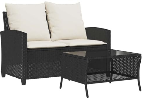 vidaXL Gartensofa 2-Sitzer mit Kissen & Tisch Schwarz Poly Rattan