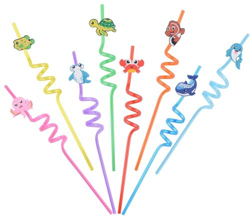 HOMMDECO Pajitas en espiral con temática de animales marinos, 8 piezas, reutilizables, flexibles, de plástico de grado alimenticio, diseño de dibujos animados para decorar fiestas de cumpleaños y