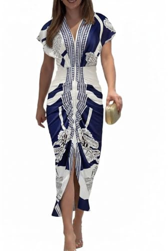 CHICME Summer Dresses for Women Plunge V Neck Ruched Midi Dress-Blue-Medium