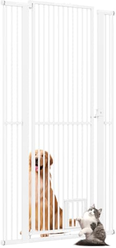 GYMAX Puerta de Seguridad, Puerta para Mascotas con Solapa para Gatos, Cerradura de Seguridad, 2 Kits de Extensión, Ajustable de 77-104 cm, Puerta Metálica Resistente (171 cm)