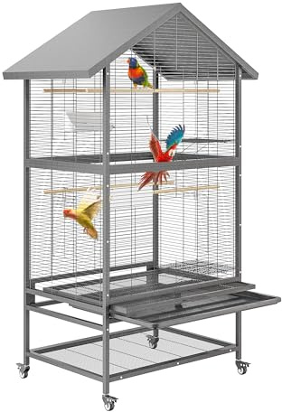 Vogelkäfig Große 80x60x167cm, XXL Vogelvoliere Papageienkäfig mit 4 Arretierbaren Rollen & 2 Türen & 3 Holzstangen & 4 Futternäpfe & Schmutzwanneneinsatz, Vogelhaus Voliere Leicht zu Reinigendem