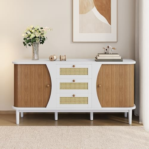 LULUWA Buffet avec portes coulissantes, 140,5 x 40 x 76 cm, en rotin, avec étagères réglables et plateau arrondi, commode à vaisselle, meuble debout (blanc)