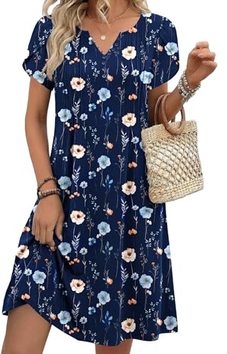 Women Dresses Summer V-Neck Short Sleeve Floral Dresses Ladies with Pockets