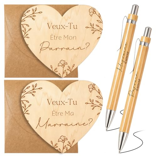 Faccito Cadeau Parrain Marraine 6Pcs Carte de Coeur Stylo à Bille en Bois | Pour Baptême, Confirmation, Annonce de Grossesse, Veux-Tu Être Ma Marraine, Veux Tu Être Mon Parrain, Enveloppe