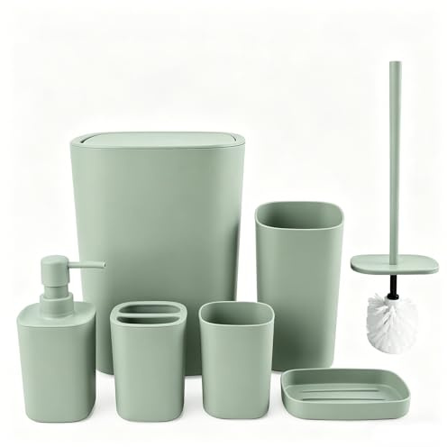 6-teiliges Badezimmer Set - Modernes Design Grün - Seifenspender, Seifenschale, Zahnbürstenhalter, Becher, Mülleimer und WC-Bürste - Bruchfest & langlebig, Badezimmer Zubehör Organizer Accessoires