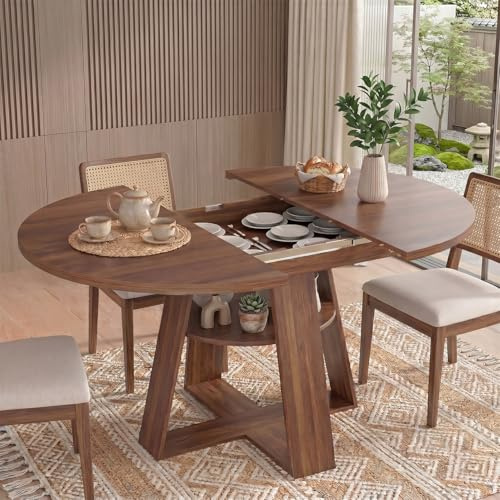 Aislinglen Esstisch Rund Ausziehbar, 100-140cm Moderner Küchentisch Holz, Esszimmertisch Oval für 4-6 Personen, Wohnzimmertisch mit Offenen Ablagen für Küche, Esszimmer und Wohnzimmer