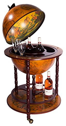Birendy Riesiger Barwagen 45001R massiven Eukalyptusholz Säulen Antikbraun geöffnet 112cm hoch und 56cm breit, mit Rollen, antike Weltkugel Globusbar, Bartisch, Hausbar, Barwagen, Weltkugel