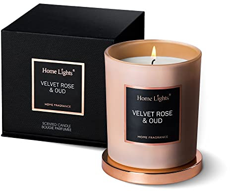 Home Lights Luxury Designer Scented Jar Candle, Rosegold Steel Lid and Silky Coloured Glass 100% Nature Soy Wax, 7.19 oz, Highly Scented & Long Lasting-Velvet Rose & Oud