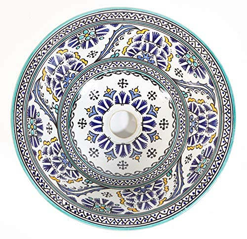 Mediterranes Keramik-Waschbecken Fes88 Ø 35 cm rund bunt handbemalt Kunsthandwerk Marokkanisches Handwaschbecken für Küche Badezimmer Gäste-Bad WB35288