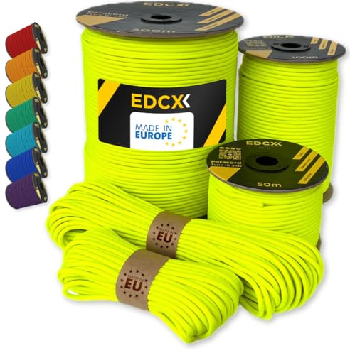 EdcX Paracord 4mm, 35+ Solid Colors (10m, 15m, 30m, 50m, 100m, 300m) | Ideal for Crafting, DIY, Camping, Survival, Outdoor | 100% Nylon Rope 4mm | Tactical Cord 550 Type III (Sofit Yellow, 15 m)