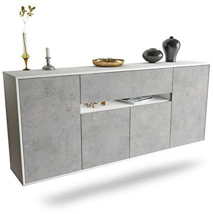 Dekati Sideboard Flint hängend (180x77x35cm) Korpus Weiss matt - Front Beton Optik - Push to Open - Leichtlaufschienen