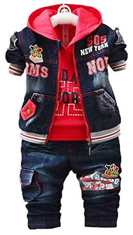 Yao Spring Autumn Boys 3pcs Clothing Set Cotton Shirt Jeans Denim Jacket(Blue,1-2y)