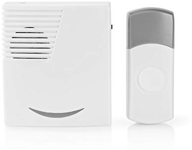 NEDIS DOORB211WT Funk Türklingel Set | batteriebetrieben | 3V DC | 2X AA | 1x CR2032 | Batterien enthalten | Lautstärke 80dB | Signalreichweite 100m | IP44 | 36 Melodien | 1 Empfänger | Weiß/Grau