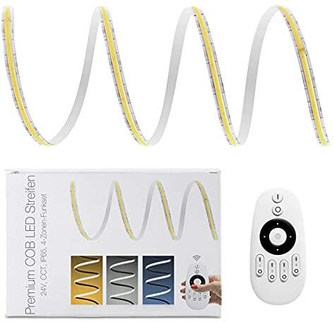 LED Universum COB LED Streifen Set CCT dualweiß 4 Zonen Set mit Funkfernbedienung, Controller & Netzteil Band Strip Premium Filament 24V LED Streifen IP65 dualweiß (5 Meter)