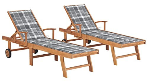 vidaXL 2X Madera Maciza de Teca Tumbonas con Cojín Hamaca Playa Piscina Cama Patio Terraza Balcón Jardín Cómodo Acolchado Relajante a Cuadros Gris