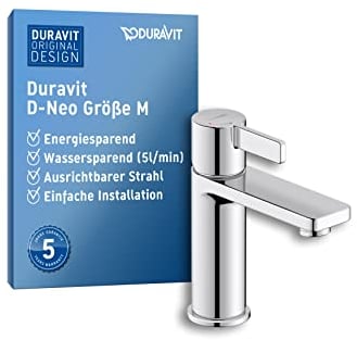 Duravit D-Neo Waschtischarmatur, Größe M (Auslauf Höhe 110 mm). Wasserhahn Bad mit energiesparender FreshStart-Funktion, Chrom