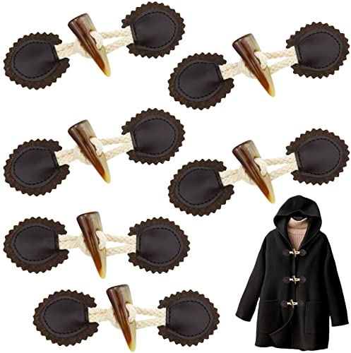 6 Sets PU-Leder Knebelverschluss mit Harz Horn Knopf Nähzubehör für Mantel Kleidung Jacke Pullover Windbreaker (Dunkelbraun)