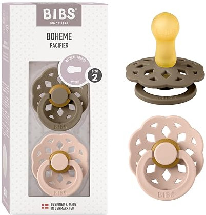 BIBS Boheme Schnuller 2er-Pack. BPA-frei., Kirschform Nippel. Naturkautschuk / Latex, Hergestellt in Dänemark. 6-18 Monate (2er Pack), Dark Oak / Blush