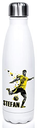 GRAZDesign Kinder Trinkflasche Fussball Sport Edelstahl personalisiert Name, auslaufsicher Einschulung Geschenk, Thermosflasche Sportflasche Schule Kinder Jungen 500ml Gelb