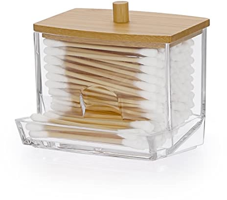 SUMTree L-shaped Qtip Cotton Ball Holder Acrylic Qtip Dispenser with Bamboo Lid, Floss Swab Dispenser, Bathroom Storage Jar Canister, Plastic Apothecary Jar for Kitchen Bathroom Dressing Table