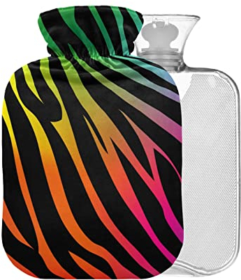 Regenbogen-Zebra-Wärmflasche mit Bezug, 1 l, kleiner Wärmbeutel für Schmerzlinderung, Krämpfe, BPA-frei