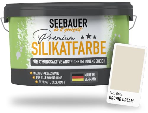 SEEBAUER diy Silikatfarbe Beige 2,5L für Innen (No. 005 Orchid Dream) Atmungsaktive Mineralfarbe für Allergiker - Abwaschbare Wandfarbe - Beigetöne hohe Deckkraft