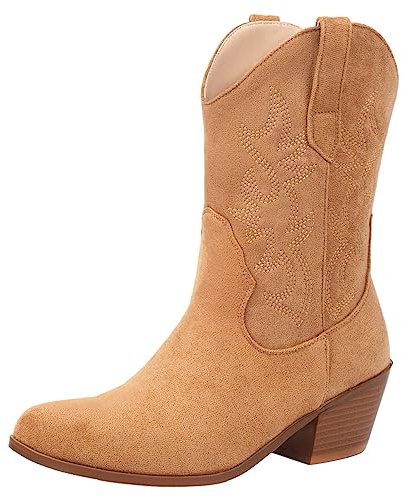 rismart Donna Western Stivali da Cowboy a Metà Polpaccio Ricamate Scarpe da Cowgirl Abbronzato,38