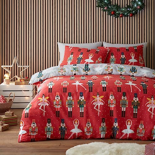 Fusion - Nutcracker & Ballerina Duvet Cover - King Bedding Size (230 x 220cm) - Reversible Colours - 2x Pillowcases - Nutcracker Solider & Ballet Dancer Duvet Cover - Christmas Bedding in Red/Grey