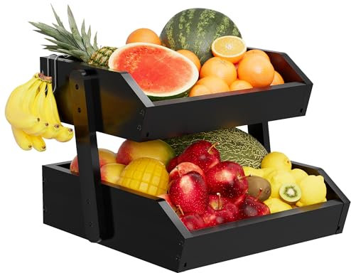Obstkorb mit 2 Etagen mit 2 Bananenaufhängern, Gemüse Obstschale für Küchentheke, große Kapazität, Obstkörbe für Küche, Bambus-Arbeitsplatte, Obstständer für Brotkorb (Schwarz)