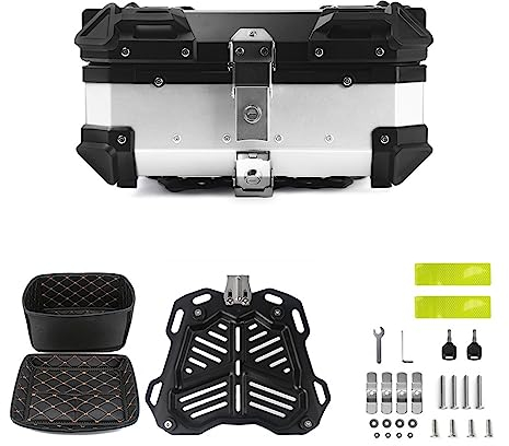 VUSNPL 28L Aluminium-Topcase,Motorradkoffer Motorrad Top case Kleiner,universal Quad Heck Koffer Motorrad Kofferraum Gepäck mit Sicherheitsschloss Schwarz,Silber (Color : Silber)