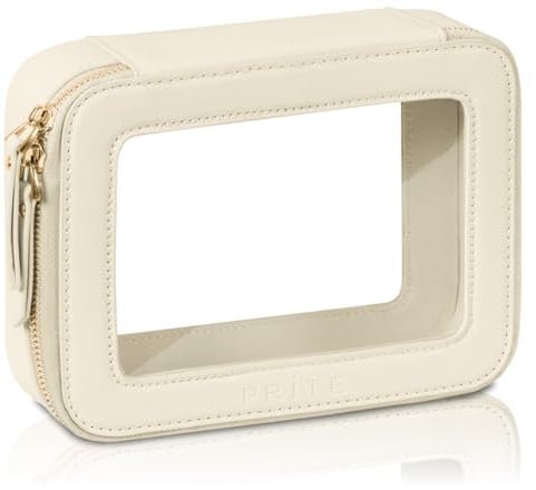 Prite Transparent Kosmetiktasche Durchsichtig Kulturtasche Damen Make Up Tasche Reise wasserdichte Kulturbeutel Auto Organizer mit Goldenem Doppelreißverschlüss (Beige)