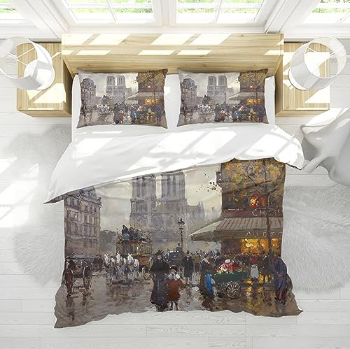 DINGSION Edouard Cortes Style Bettwäsche Set 3-teilig Kathedrale Notre Dame in Paris, Place Saint Michel Schlafzimmer Bettwäsche mit 2 Kissen Shams 240 x 220 cm