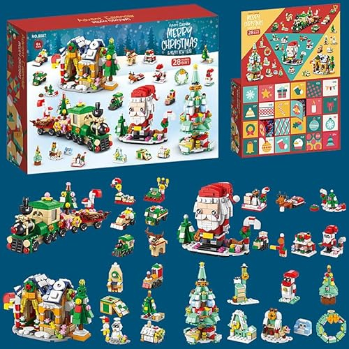 Adventskalender 2024 für Kinder Erwachsene, Weihnachts Adventskalender Bauspielzeug Set, 24 Stück Klemmbausteine Weihnachtsspielzeuge inkl. Santa Claus Weihnachtsbaum Zug Haus, Kompatibel mit Lgo