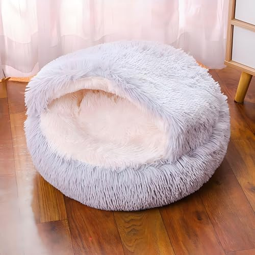 Yuly Panier Chat, Panier pour Chien, Semi-fermé, Coussin Apaisant pour Chats, Lit Moelleux en Peluche pour Animaux, Canapé, Lavable et Anti-anxiété, Antidérapant (Gris Claire)