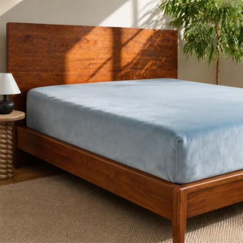 Cathay Home Full Flannel-Plush Fur Fitted Sheet - Ultra Soft & Thick Plush Fur - All Season Cozy Warmth - 12 Deep Pocket Fitted Sheet Only (Full, Blue Fog)