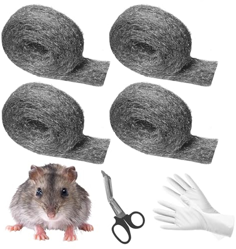 Cynrikah Mäuse Stahlwolle 20m, 4 Rollen Maus Stahlwolle 0000 Rattensichere Stahlwolle Gegen Mäuse Ratten stahlwolle mit Schere Handschuhe Löcher Stopfen Wand gegen mäuse im garten/Haus/Garage