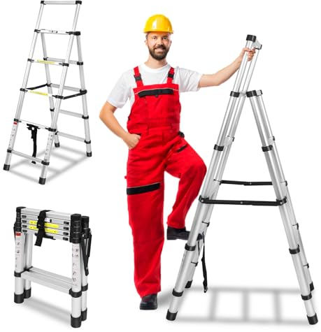 YARDIN Klappbar Teleskopleiter 1,4m+1,7m, Aluminium Leiter Ausziehbar A-Rahmen 5+6 Stufen Stehleiter, Rutschfester Klappleiter Aluleiter Multifunktionsleiter 150 kg Belastbarkeit, Silber