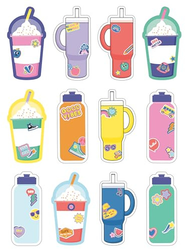Carson Dellosa Education We Stick Together 36-Piece Cups and Water Bottle Cutouts, Colorful Drinks and Hydroflask Cut Outs for Name Tags, Bulletin Board, and Classroom Decor