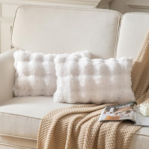 Joyouth 2er Set Plüsch Kissenbezug Dekorativ Sanft Kurze Wolle Samt Zierkissenbezüge Luxus Square Kissenhülle für Sofa Couch Wohnzimmer 30x50 cm Cremeweiß
