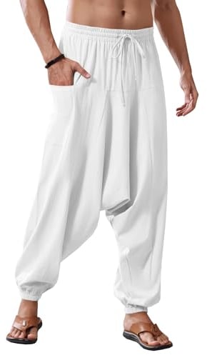 Runcati Herren Baumwolle Haremshosen Baggy Hippie Casual Leinen Yoga Hose Strand Tief Schritt Trouser Weiß M