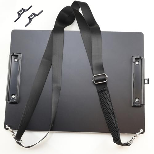 Aluminium-Klemmbrett, A4-Größe (24,1 x 32,4 cm), zwei Clip-Klemmbretter mit 160 cm verstellbarem Schultergurt, ideal für Künstler, Architekten und Ingenieure (A4 - Schwarz)